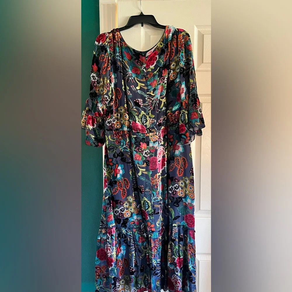 Johnny Was Navy Floral Midi Dress with Red, Teal, Yellow Accents - Picture 2 of 2